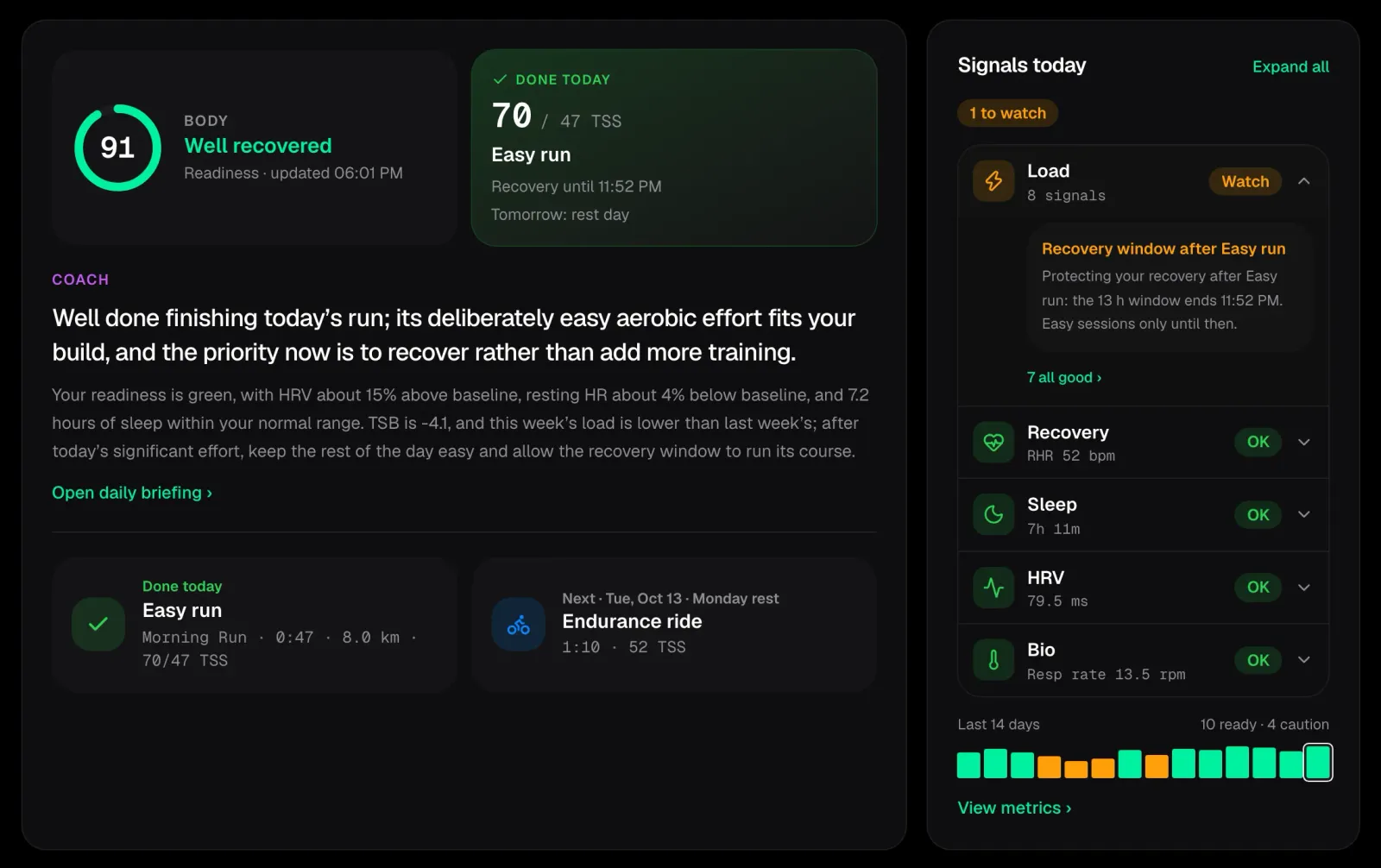 The new Today view: readiness of 91 next to a focus tile showing the run finished today, the coach outlook underneath, and signals grouped by load, recovery, sleep, HRV and body on the right