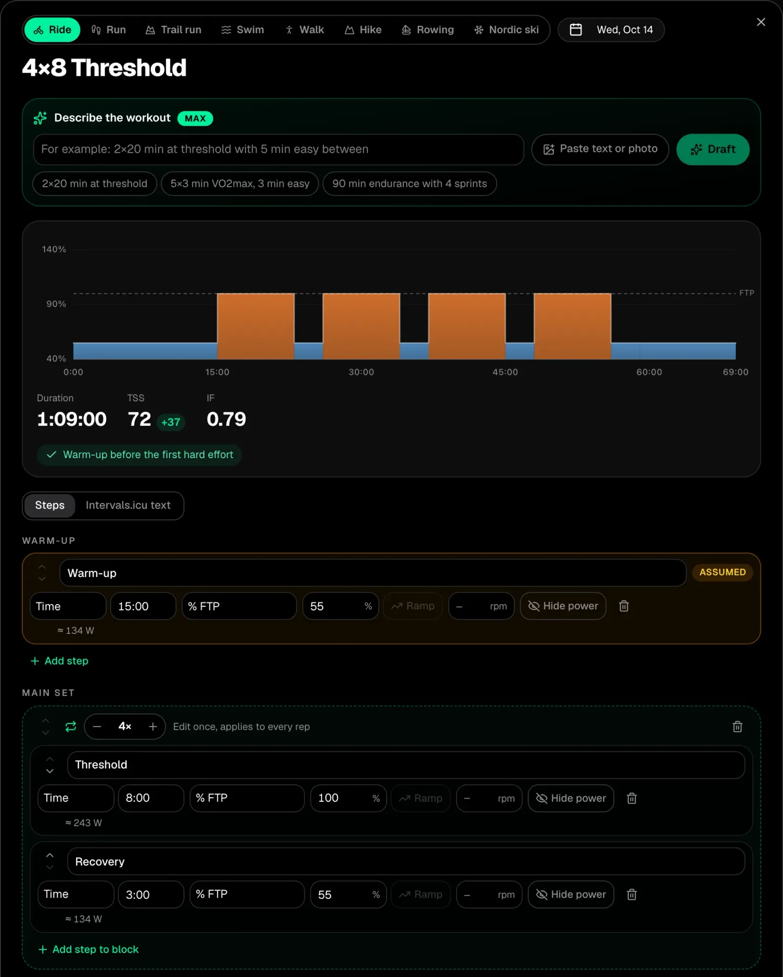 A workout drafted from "4x8 min at threshold with 3 min easy between": four threshold reps in a repeat block, with the warm-up and cool-down marked as assumed because the description did not mention them