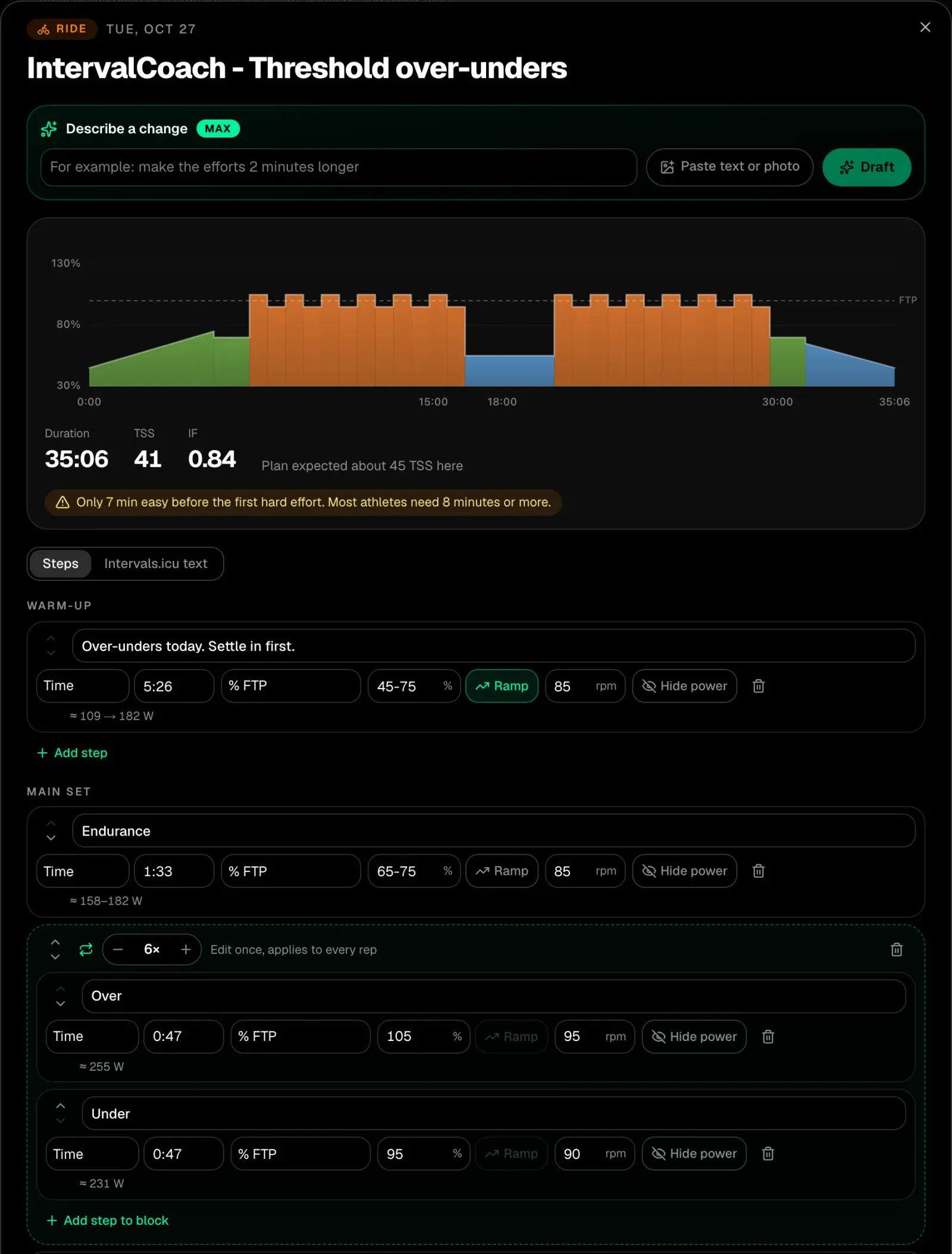 The workout builder editing a planned threshold ride: the workout chart, duration, load and intensity at the top, a warm-up check, and a repeat block of six over-unders below