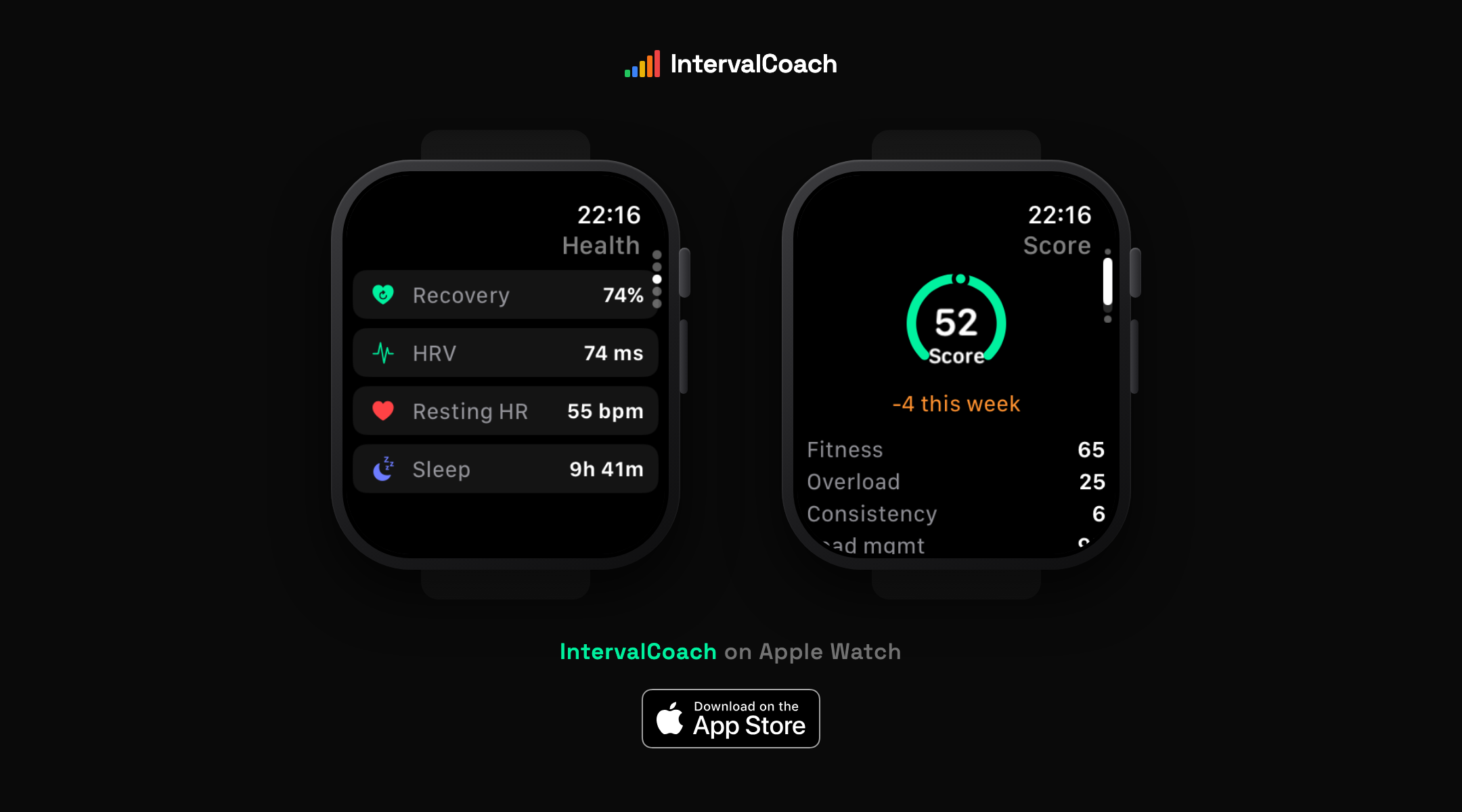 Two Apple Watches running the IntervalCoach app: the health metrics screen with recovery, HRV, resting heart rate and sleep, and the training score screen with its weekly trend and breakdown, with the Download on the App Store badge