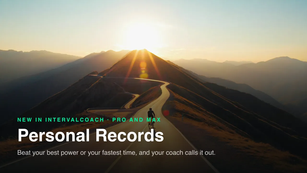 Personal Records: beat your best power or your fastest time, and your coach calls it out. An empty mountain road climbing to a sunlit summit, a lone cyclist near the top