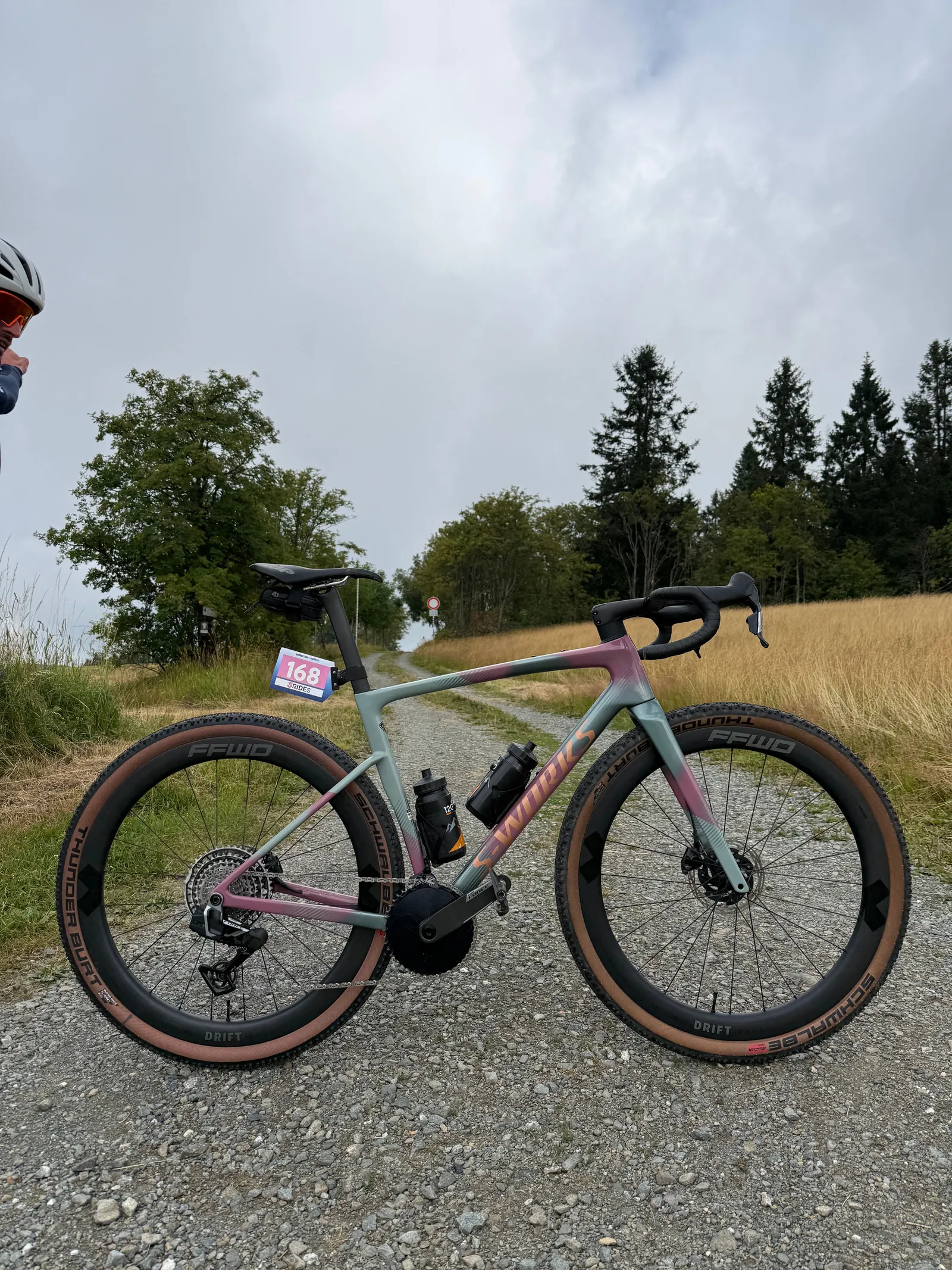 His gravel bike with race number 168 on a climb at Winterberg